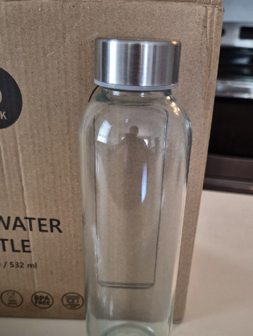 NIB‎ Set Of 6 Glass Water Bottles with Stainless Steel Cap - Clear